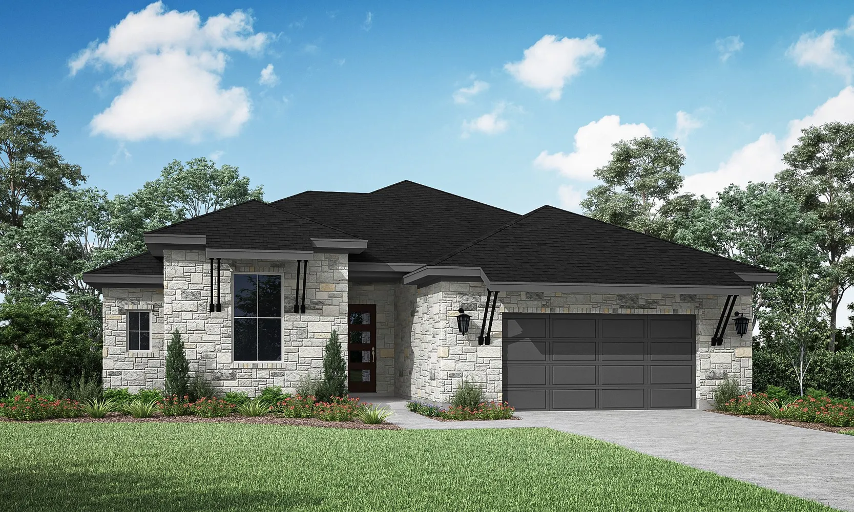 Stone-elevation new-construction home in Kinder Ranch, San Antonio