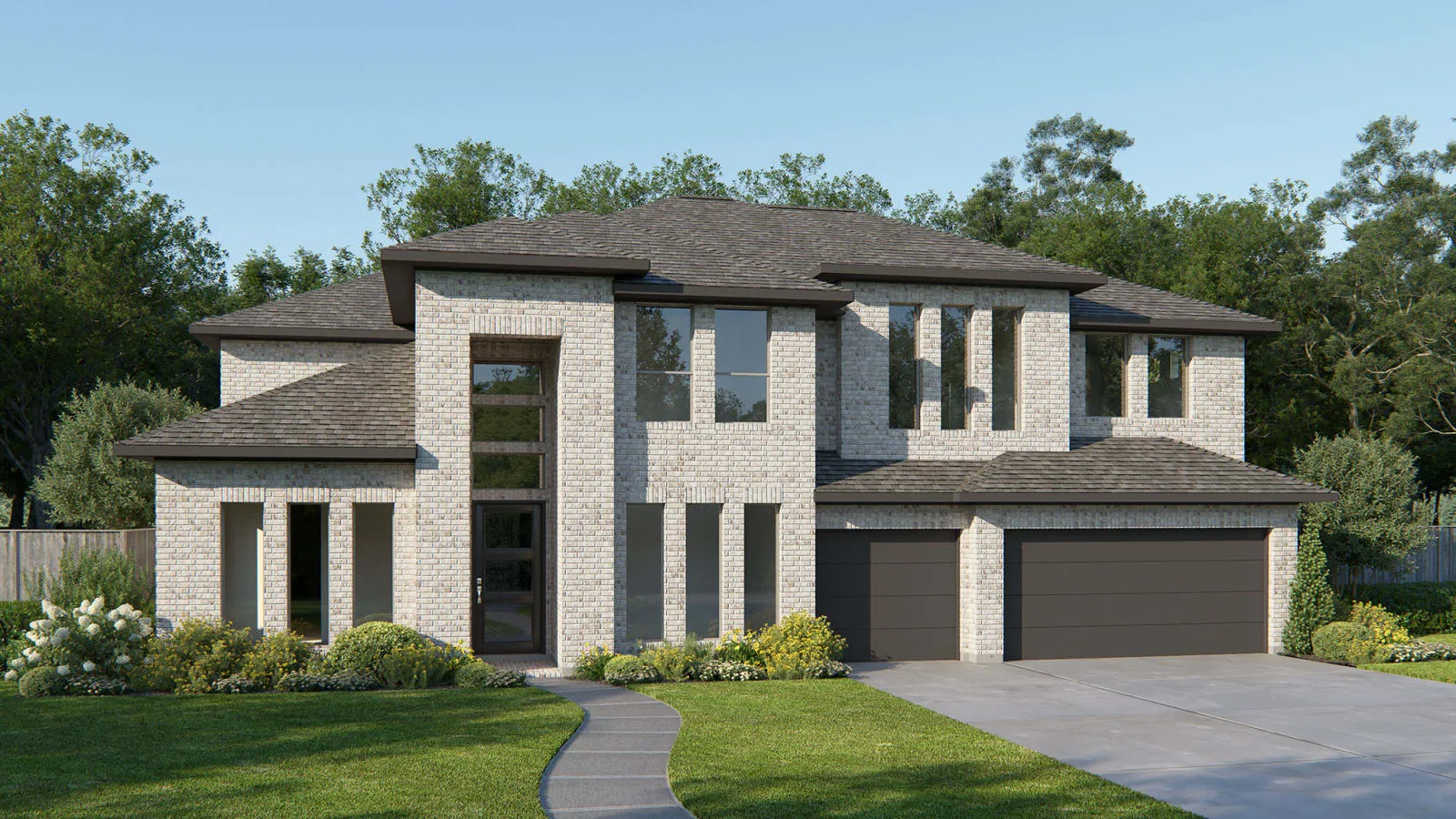Perry Homes luxury new-construction two-story with modern brick and 3-car garage
